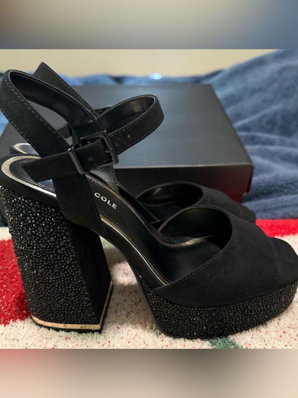 Kenneth Cole Black Suede Platform Block Heels with stone Detail